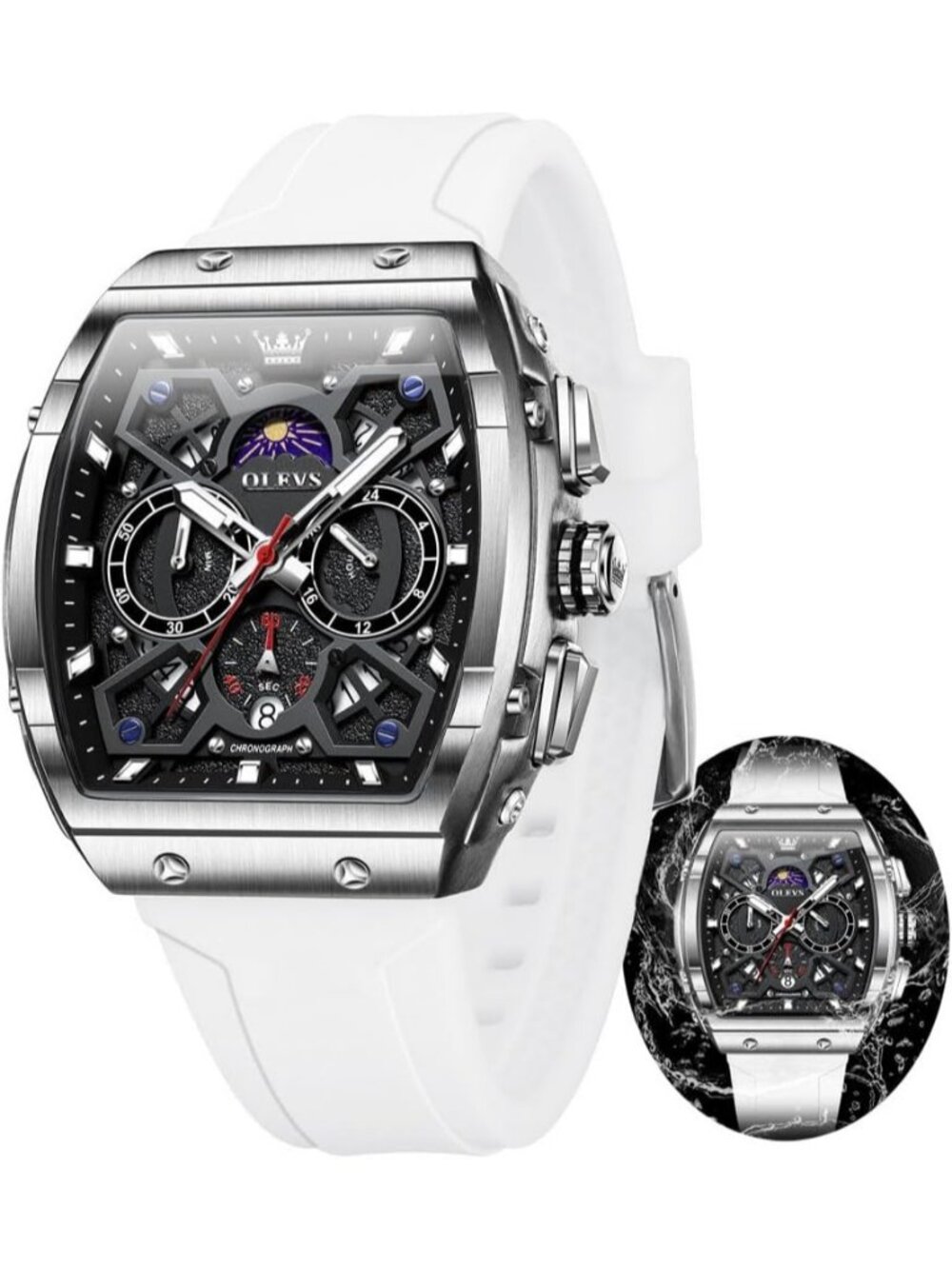 Men's White Black Chronograph Waterproof Rectangle Moon Phase Luminous Watch